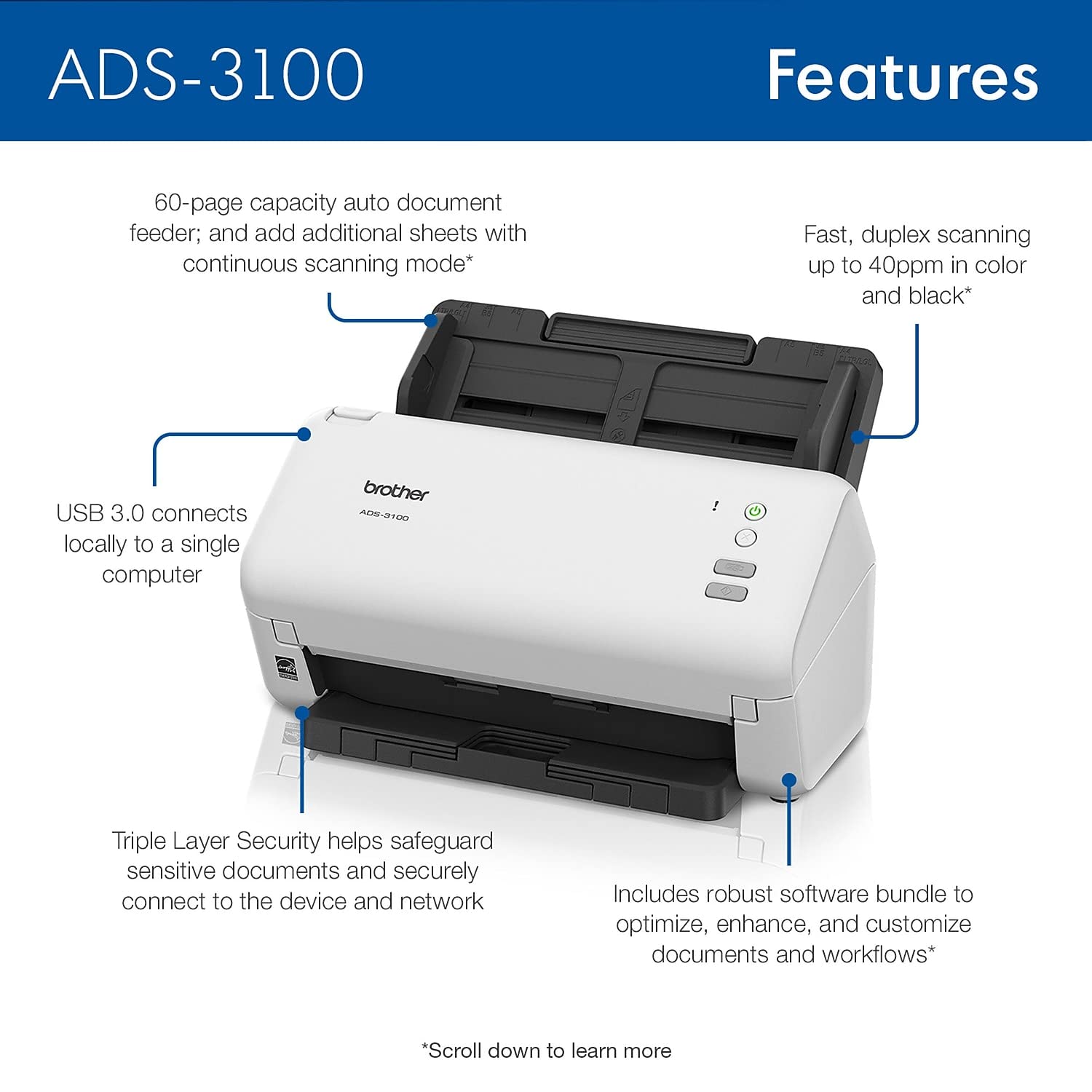 Brother ADS-3100 High-Speed Desktop Scanner | Compact with Scan Speeds of Up to 40ppm, White