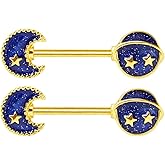 Pierced Owl 14G Gold Plated Stainless Steel Moon, Planet, and Stars Galaxy Nipple Barbells, Sold as a Pair