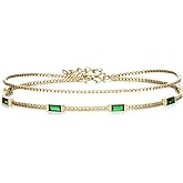 BriLove Dainty Elegant 925 Sterling Silver Cubic Zirconia 2 Layer Birthstone Bracelets for Women,Six Emerald Cut Tennis Bracelet Birthday Prom Gifts Jewelry