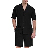 MoFiz Men's Linen Sets 2 Pieces Summer Vacation Party Beach Outfits Short Sleeve Button Down Shirts and Pants Set