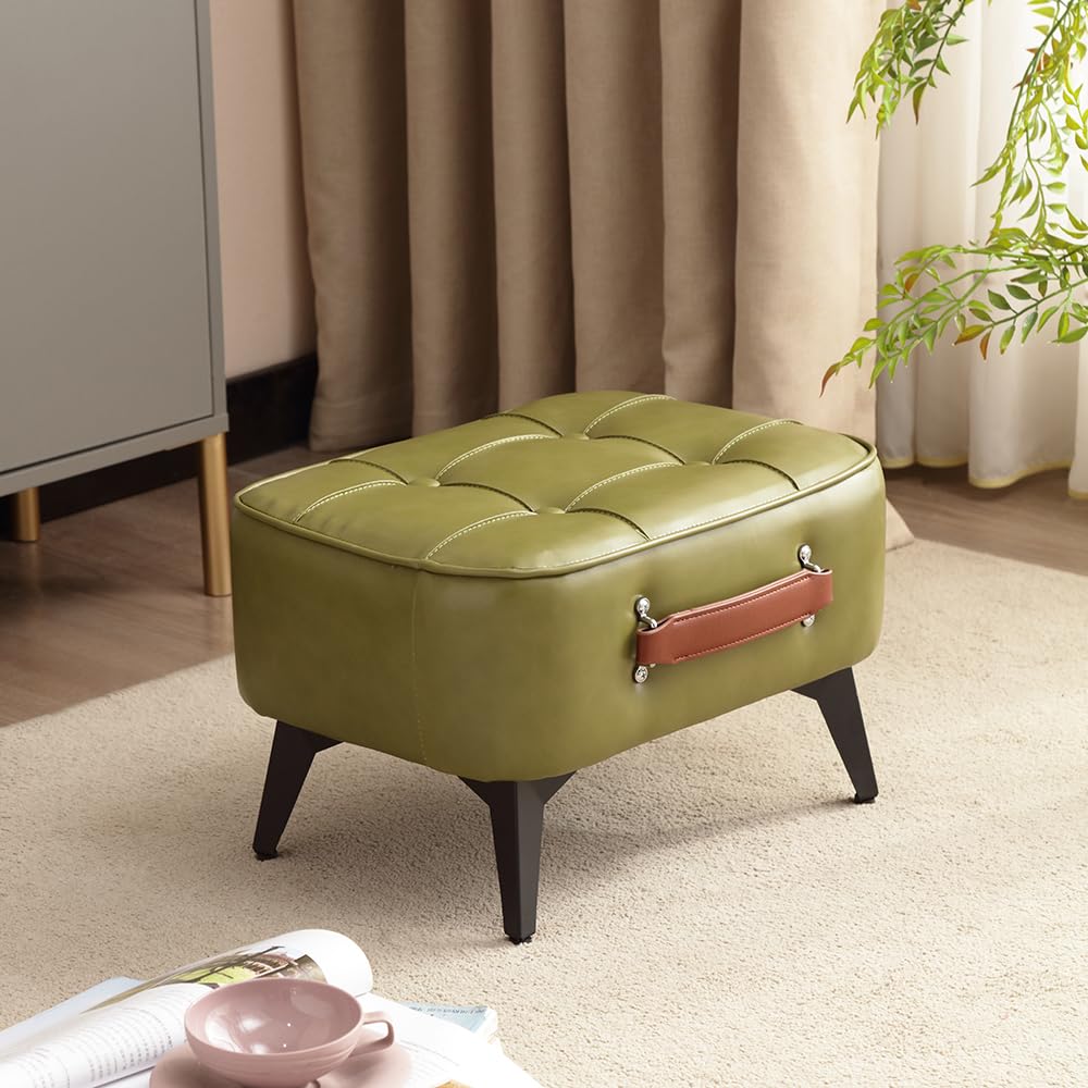 Photo 1 of 1pc Vintage Style Faux Leather Ottoman Footstool - Wooden Frame, Upholstered Interior, Multi-Use Footrest for Living Room, Entryway, Office (Azure Green)