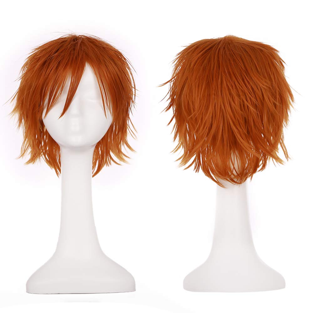 Photo 1 of Short Fluffy Anime Wigs for Women Men 21 colors Spiky Unisex Comic Wigs with Oblique Bangs for Halloween Cosplay Costume Party(Dark Orange)