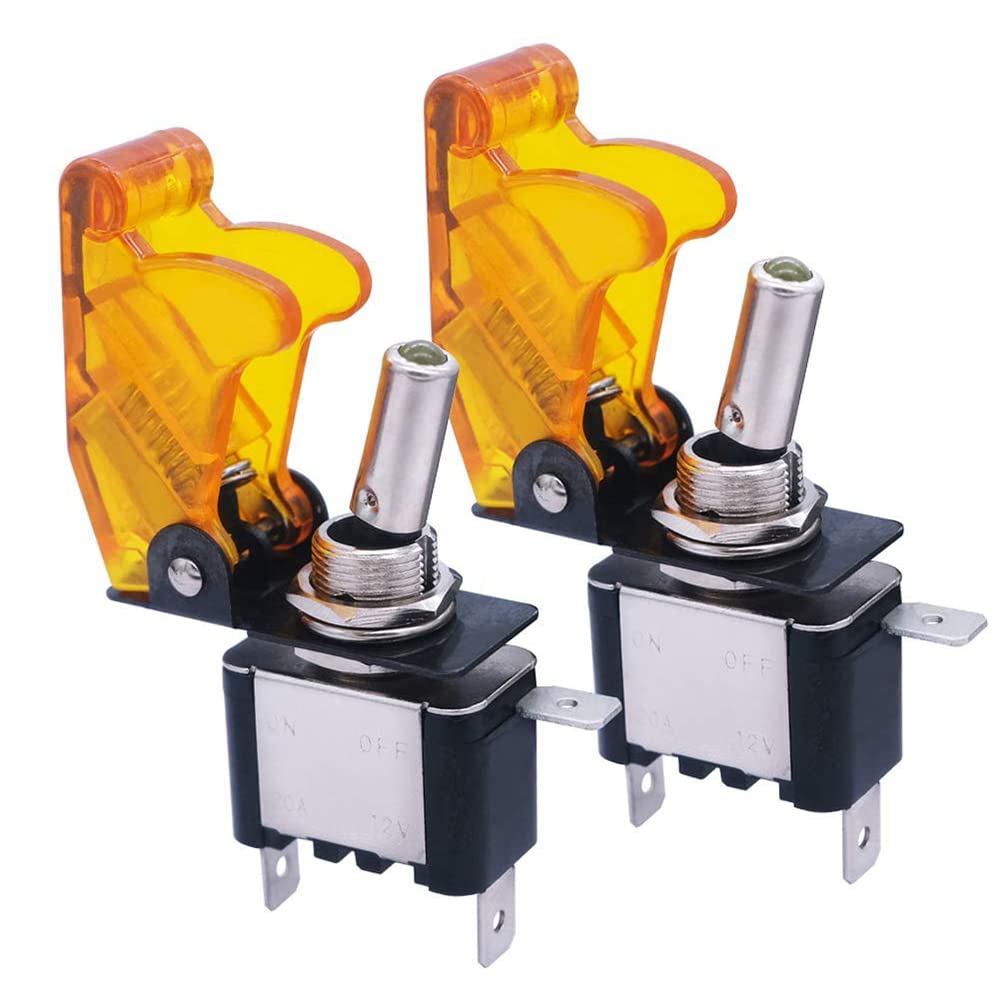 CENPEK Paquete de 2 interruptores basculantes resistentes de 12 V, 20 A, SPST, 3 pines, luz LED, interruptor de murciélago de metal con cubierta de seguridad y cables para coche, camión, barco