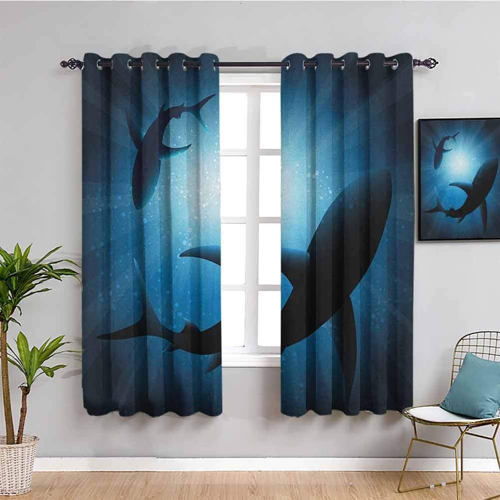 Shark Outdoor Curtain, Curtains 63 inch Length Silhouette of The Fishes Swimming at Twilight Night Moon Mystic Magical Sea Scenery Room Darkened Dark Blue W63 x L63 Inch
