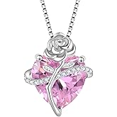 Rocayi Birthstone Necklace for Women 925 Sterling Silver Love Heart Rose Flower Necklace Dainty Jewelry Gifts for Women Wife Girlfriend Mother Daughter Her