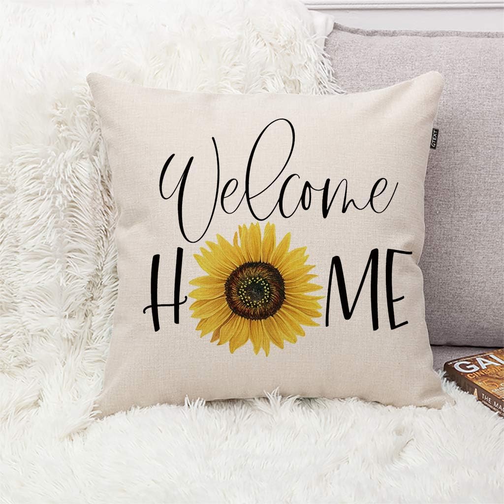 GTEXT Fall Throw Pillow Cover Welcome Home Sunflower Pillow Cover 18x18 Outdoor Pillow Linen Square Pillow Cover for Cushion,Sofa Fall Pillow Cover