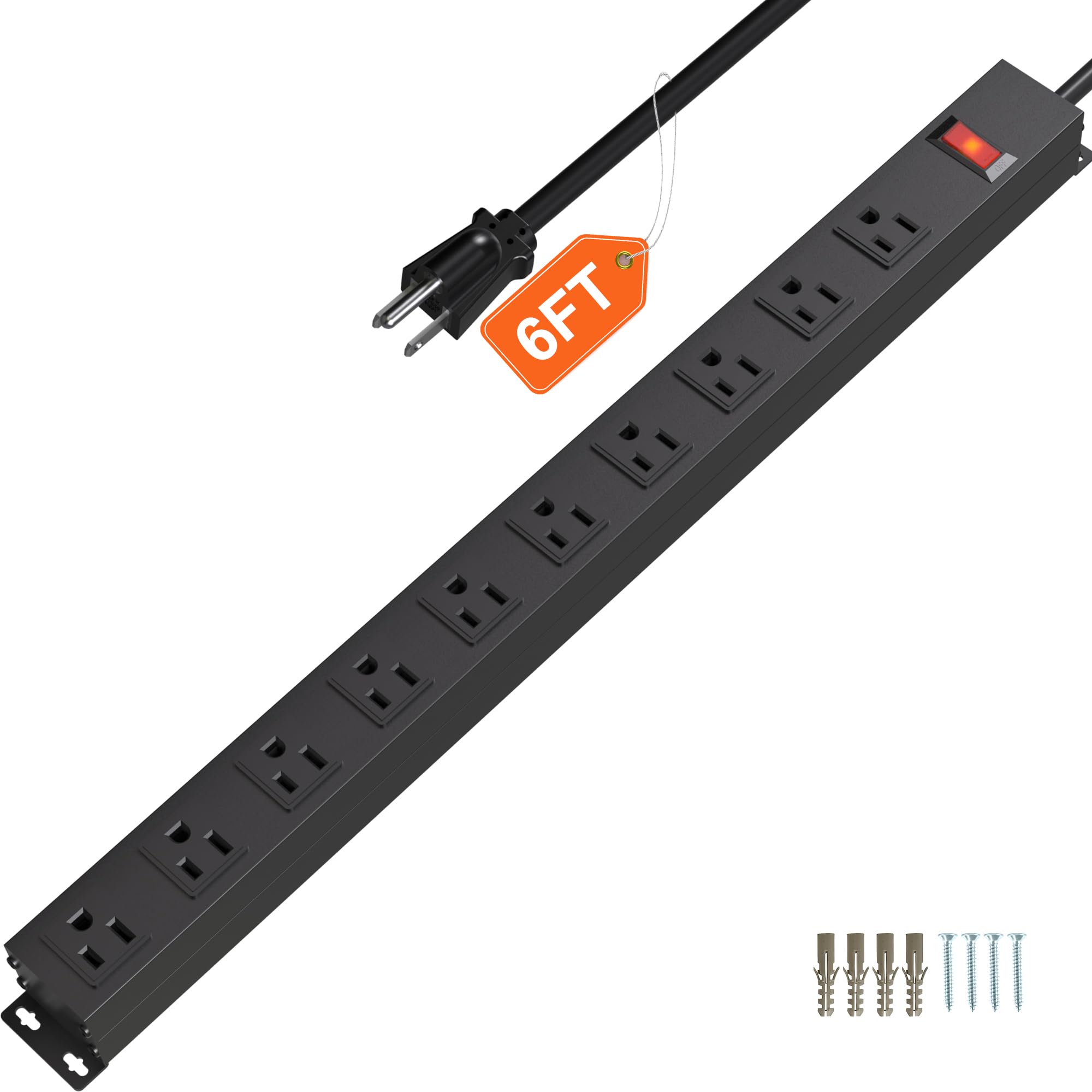 Photo 1 of CFMASTER 10 Outlet Power Strip 6FT Long Extension Cord Heavy Duty Power Strip Wall Mount Outlet Metal for Kitchen,Office,School,Garage,Workshop,Industrial,125V/15A/1825W,Black(6FT)