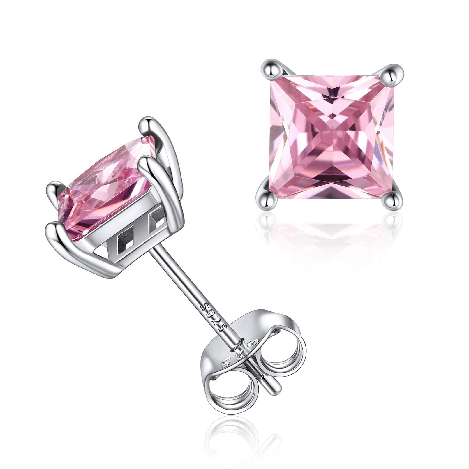 ChicSilver 925 Sterling Silver October Birthstone Earrings for Women Tiny Square Pink Gemstone Earring Studs Hypoallergenic