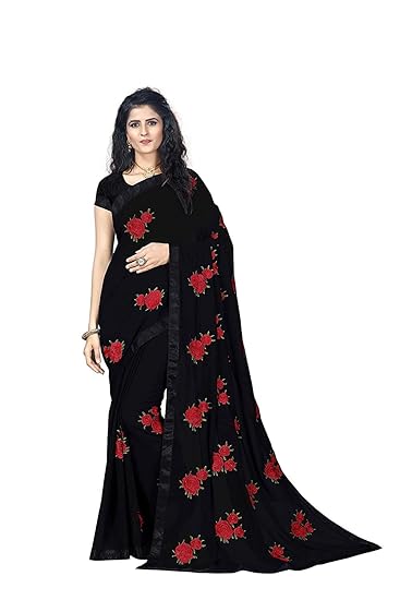 Womens Georgette Embroidered Saree with Blouse (Black)