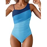 Aidonger One Shoulder One Piece Swimsuit for Women Tummy Control Bathing Suits Color Block Ruched Swim Suit Slimming Swimwear