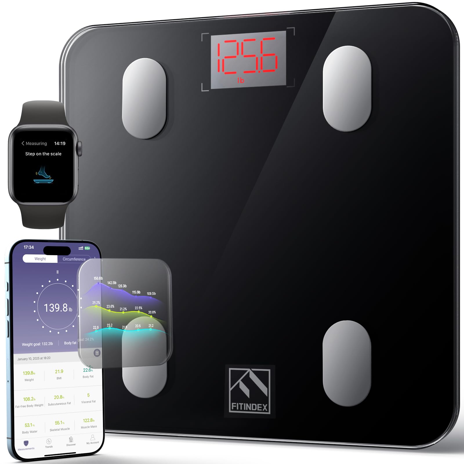 Photo 1 of FITINDEX Smart Scale for Body Weight, Scale with BMI, Body Fat, Muscle Mass, Digital, Bathroom, Weighing, Bluetooth, Body Composition Monitor Health Analyzer with App, 400lb, Black