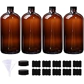 HWASHIN 4 Pack 32 oz Amber Boston Round Glass Bottles with Black Caps for Secondary Kombucha Fermentation and Lab Chemicals (1 Funnel and 10 Pieces Black Chalkboard Labels Included)