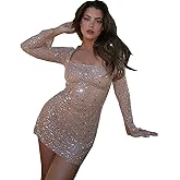 ODIZLI Short Dress for Women Sheer Mesh Long Sleeve Square Neck Rhinestones Semi See-Through Bodycon Mini Party Dresses