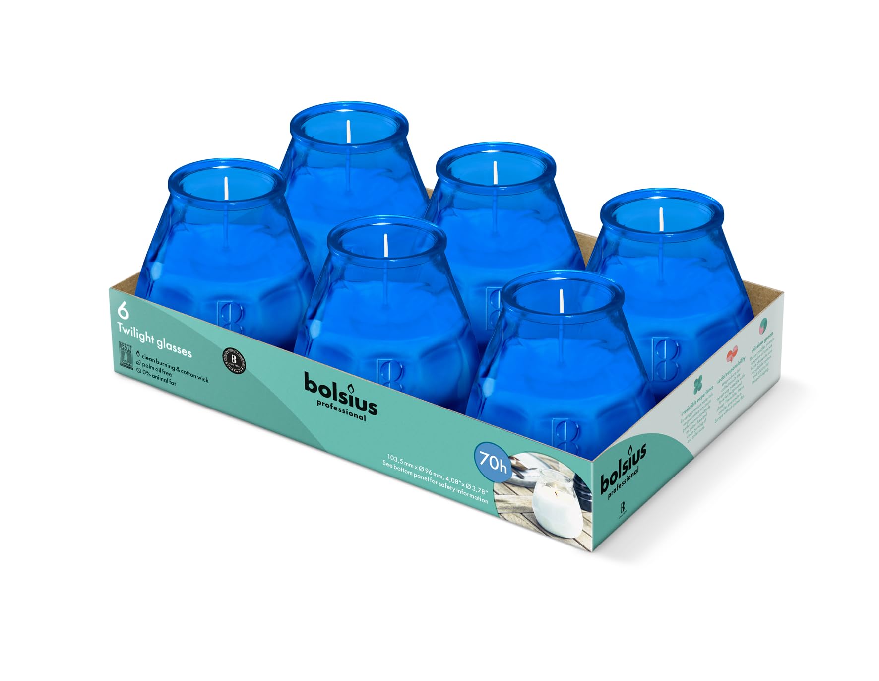 Bolsius – Outdoor Candles - 6 Pieces - in Glass - Blue - Burning Time 70 Hours - No Palm Oil - Clean Burning - Cotton Wick - Non Scented