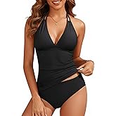 Yonique Womens Two Piece Swimsuits Tummy Control Tankini Plus Size Bathing Suit Halter V Neck Swimwear