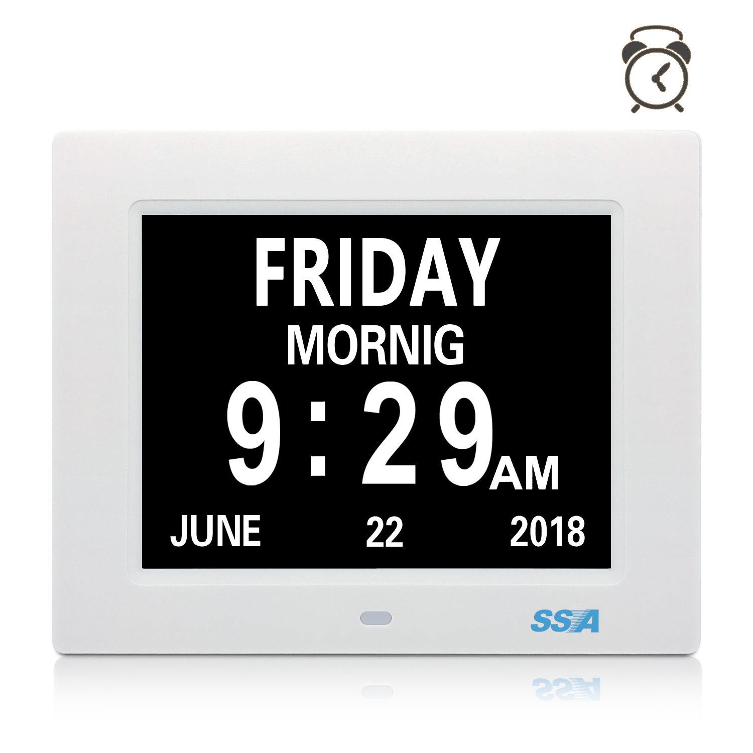 SSA Dementia Clock, 8" Day Clock Clear Large NonAbbreviated Day