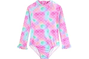 Alakuoti Long Sleeve One Piece Ruffle Swimsuit for Toddler Girls Baby Girl Rashguard Shirt with UPF 50+ Sun Protection