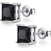 JiaYangJY Square Cut Black CZ Diamond Stud Earrings for Women, 925 Sterling Silver 18K White Gold Plated 4 Prong Design with 4 to 7 MM Simulated Diamonds Earring