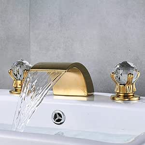 Mango de cristal Cascada dorada Grifo de baño Montaje en cubierta Grifo
