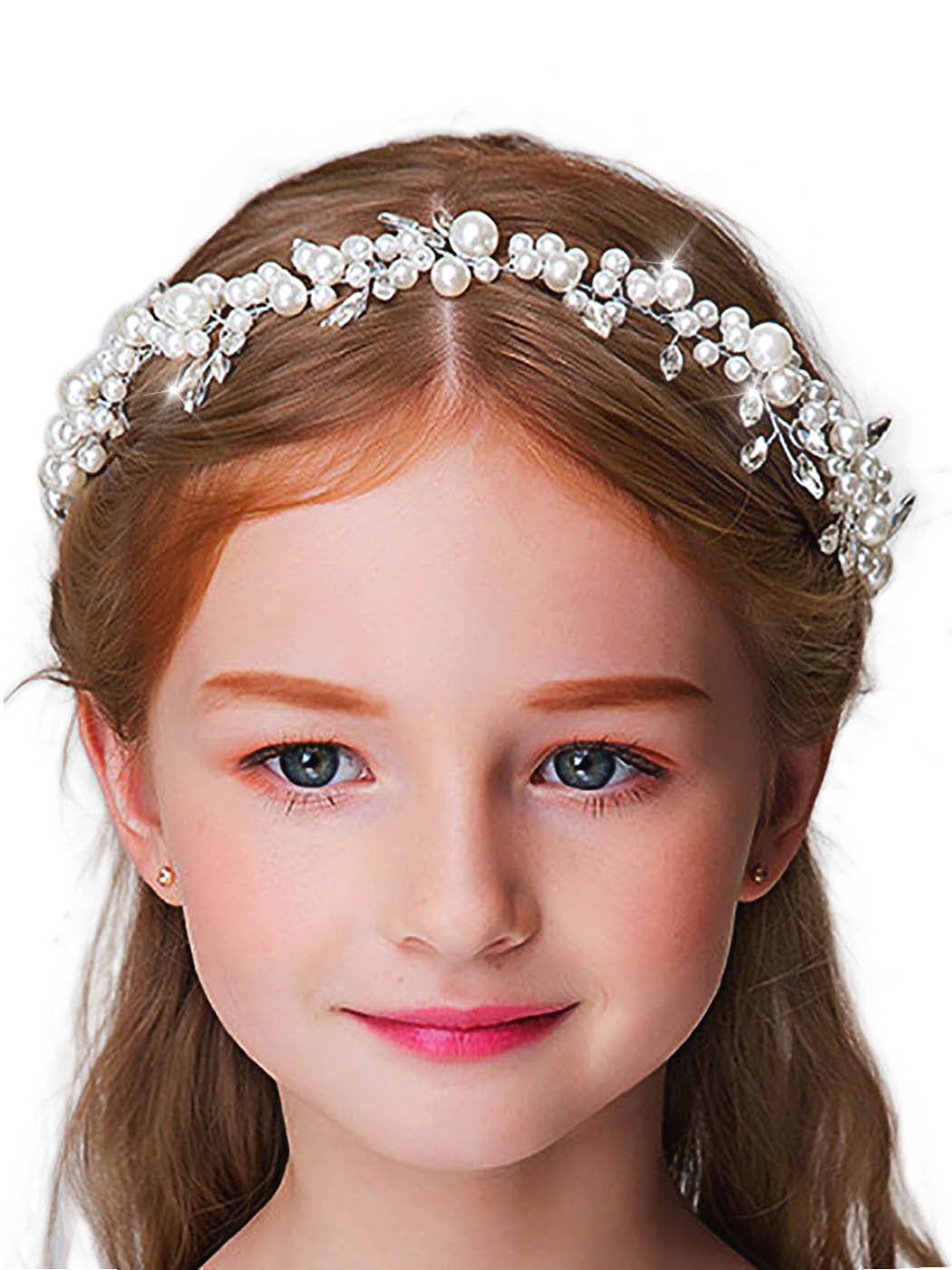 IYOU Flower Girls Pearl Headband White Rhinestone Headpiece Crystal Hair Piece Princess Communion Hair Accessories for Girls