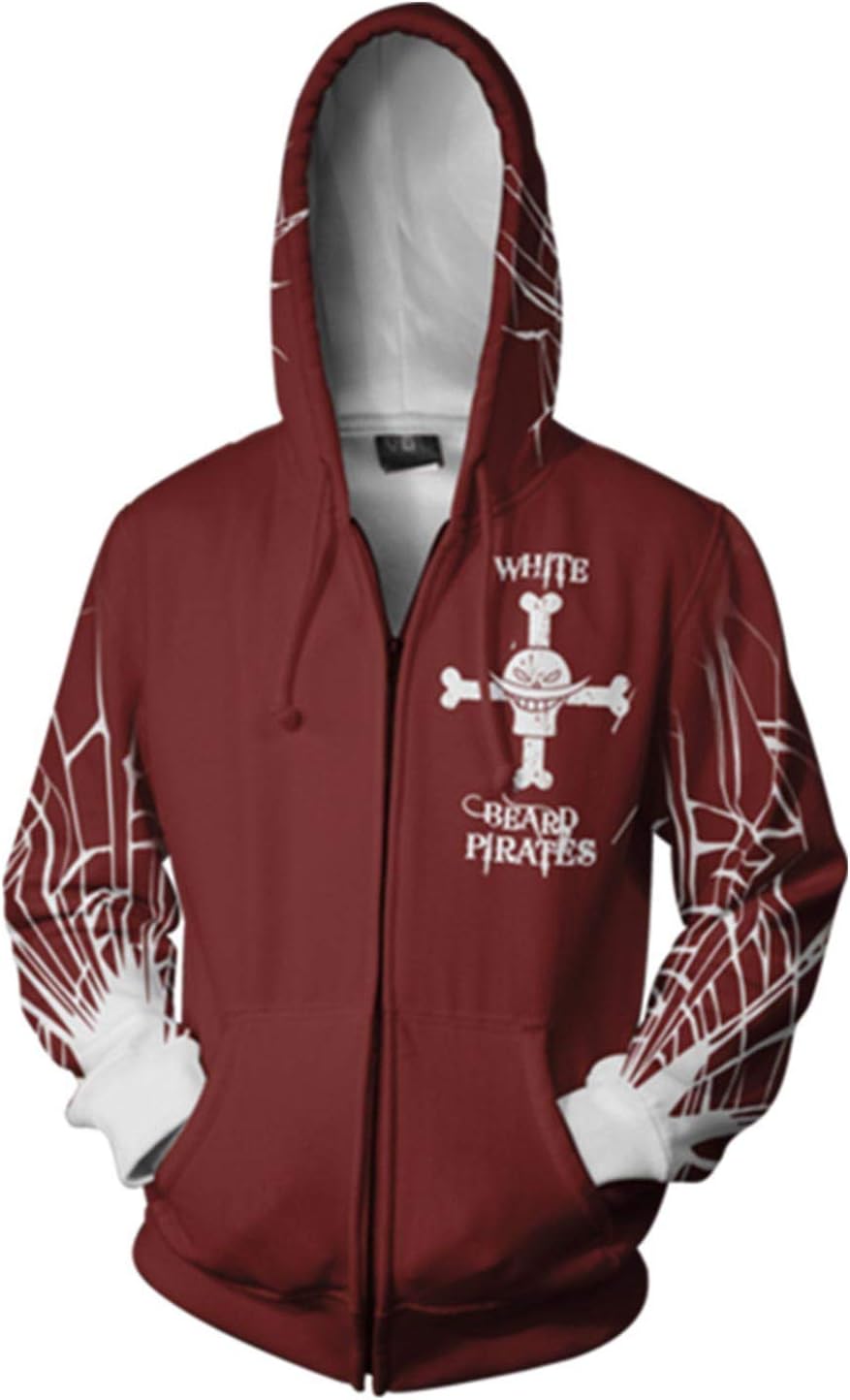 Hibuyer 3D Printing Whitebeard Pirates Casual Adult Zip up Hoodie Sweatshirt Cosplay Costume Unisex