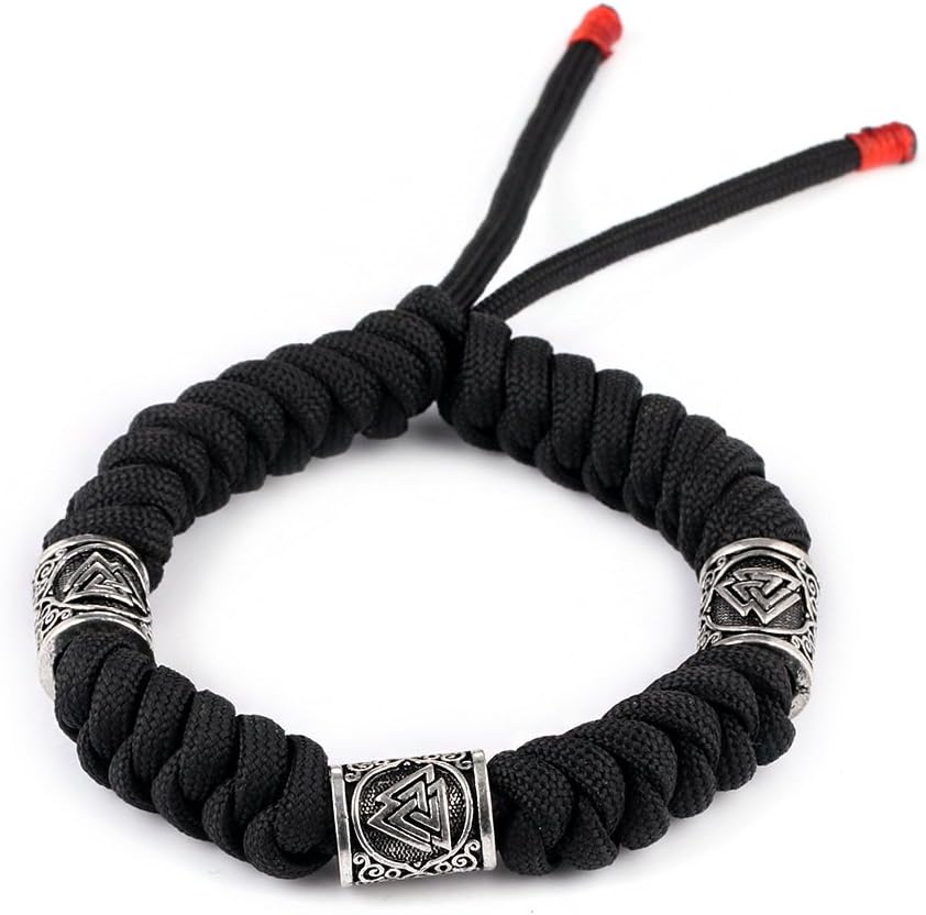 LONG7INES Viking Thor Mjolnir Norse Runes Bracelet with 3 Pcs Viking Norse Beads Leather Woven Bracelet for Men and Women
