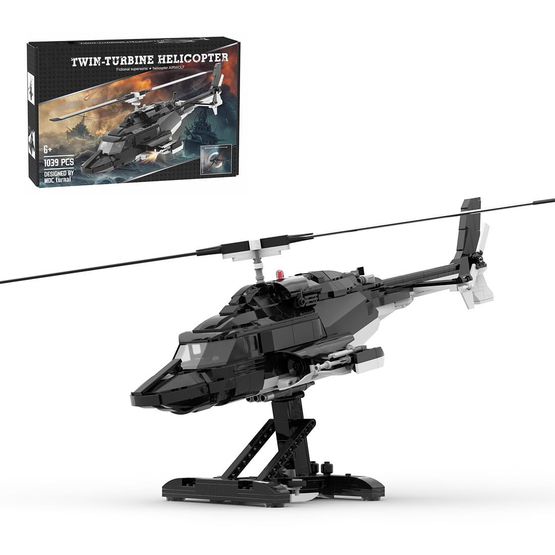 Photo 1 of WOWOBONTOY Air- Wolf Helicopter Building Blocks Model, 1039 PCS Military Helicopter Assembly MOC Display Set with Stand, Airplane STEM Model for Youth and Adult, MOC-149250