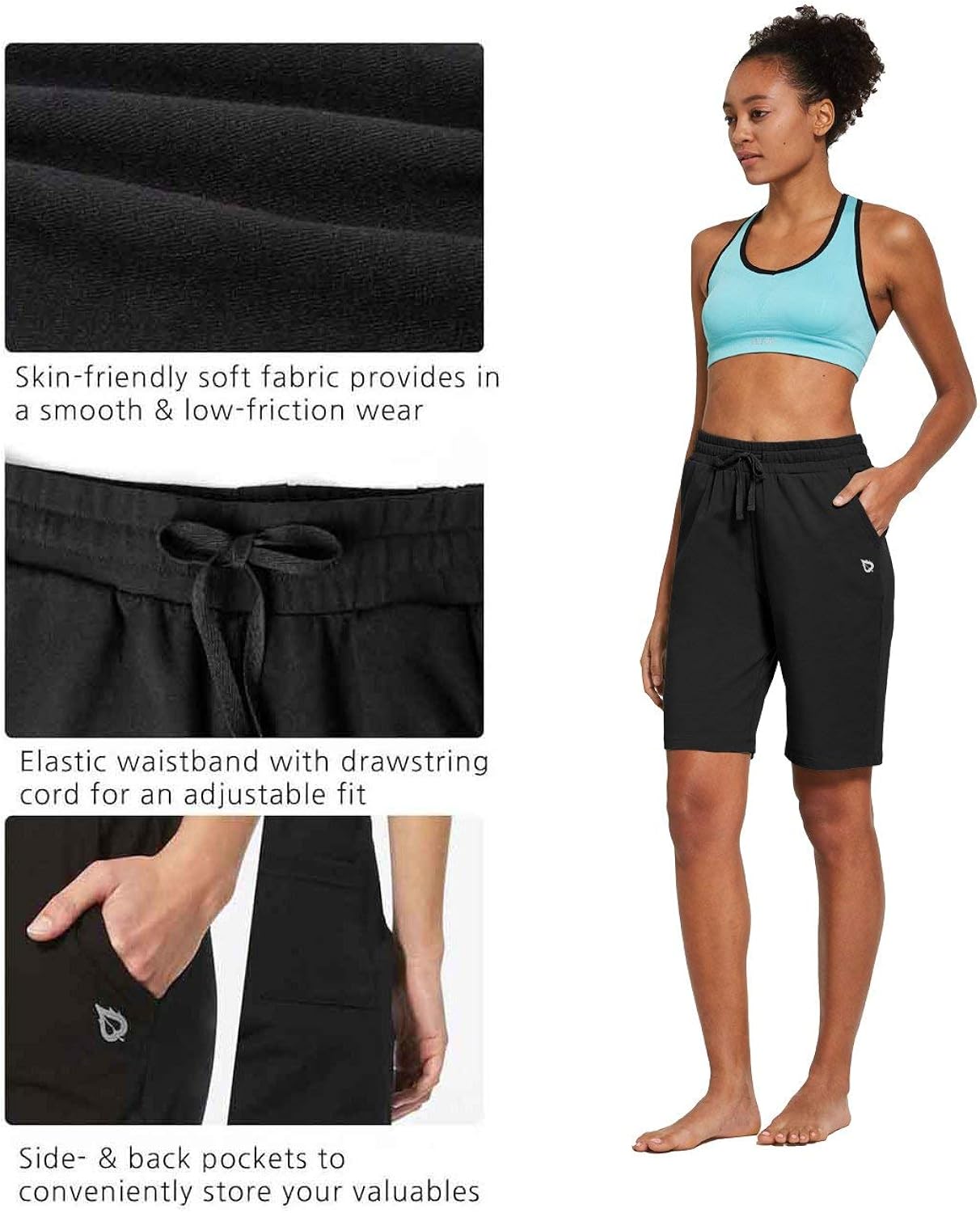 BALEAF Women's Bermuda Shorts Long Cotton Jersey with Pockets Athletic Sweat Walking Knee Length for Summer Workout : Clothing
