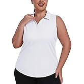 MoFiz Womens Plus Size Tennis Shirts Sleeveless V-Neck Activewear Golf Shirt Lightweight Fast Dry Collared Hiking Polo Tops White 3XL