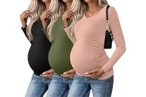 Ekouaer Womens Maternity Shirts Long Sleeve 3 Packs Pregnancy V-Neck Clothes Side Ruched Blouse Tops for Mama S-XXL
