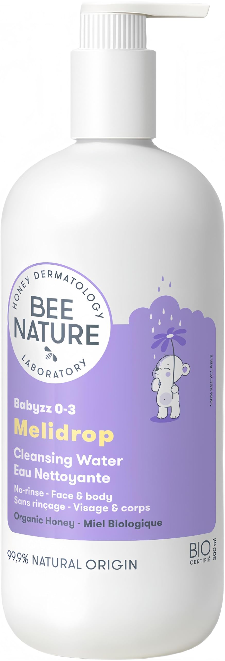 Bee Nature - 3 in 1 Cleansing Water Baby - Organic Honey - No-Rinse - Cleaning Baby Sun Cream - 99.9% Natural Ingredients - Suitable for All Skin Types, Including Sensitive - 500ml