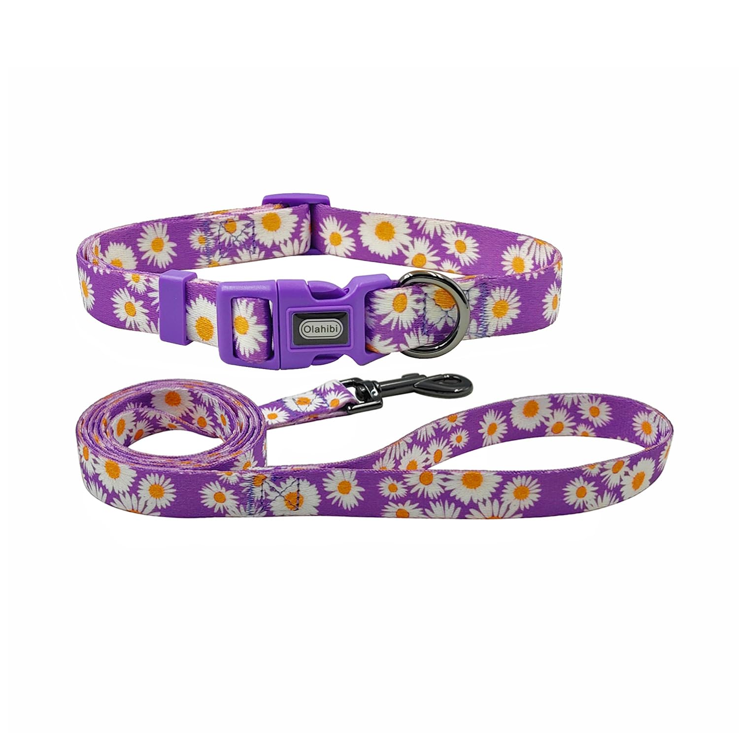 Olahibi Dog Collar Leash Set, Floral Pattern, Polyester Material, Adjustable Collar and 150CM Matching Leash, for Small Dogs.(S,Purple Daisy) — image 1