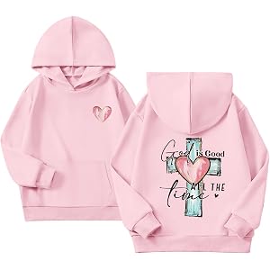 Qiopioiy Christian Hoodies for Girls God is Good Sweatshirt Kids Jesus Faith Cross Hoodie Cute Religious Graphic Sweatshirts