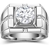 Mens Moissanite Ring 3 Carats Solitaire Moissanite Mens Wedding Ring Sterling Silver with 18K White Gold Plated D Color VVS1 Clarity Brilliant Round Cut Engagement Anniversary Jewelry for Men Size 7-13