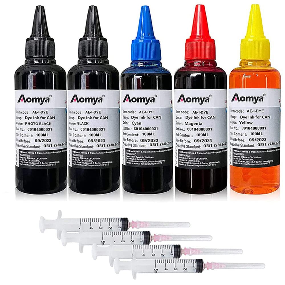Aomya Ink Refill kit 5x100ml Compatible for Canon PGI-545 PGI-540 PGI-550 CLI-551 PGI-570 CLI-571 PGI-580 PGI-525 PGI-520 CLI-521 Inkjet Printer Refillable Ink Cartridge with 4 Syringes (PBK+BK+CMY)