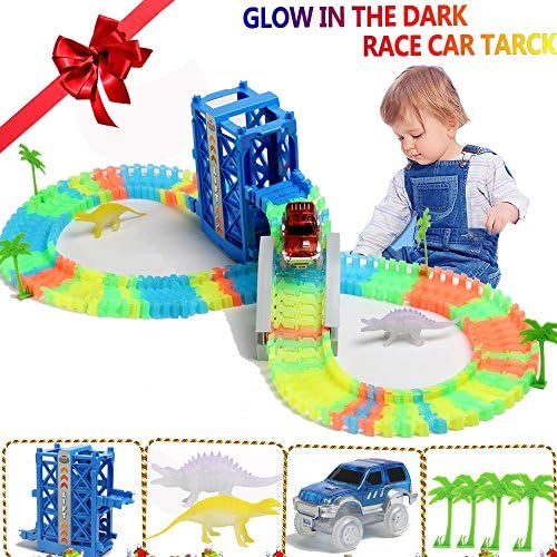 Race Car Track, Twister Track Trax Glow in the Dark w LED Light Up Car and Dinosaurs, Birthday Gift for Kids