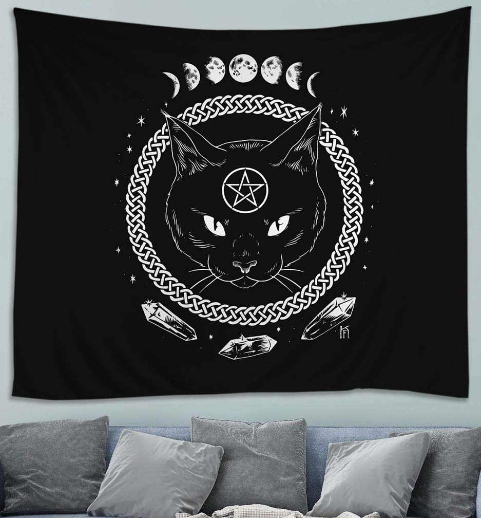 Awesocrafts Tapestry Wall Hanging Cat Black White Moon Phase, Tapestries for Bedroom College Dorm Living Room Wall Decor Art (Cat, 59x79 inch)