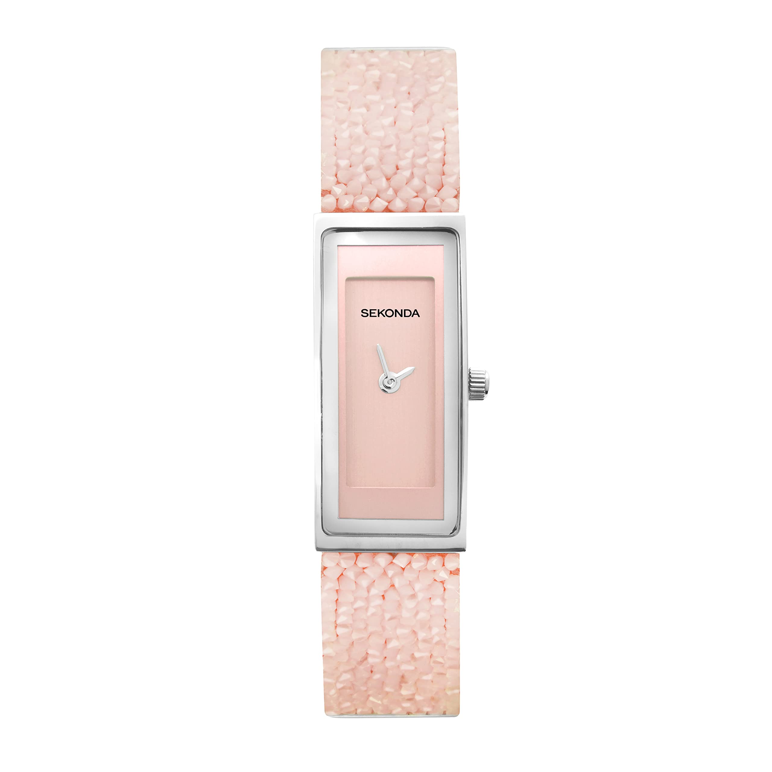 Sekonda 17mm Sparkle Rose Slim Ladies Crystal Rocks Dress Watch with Brushed Dial Jewellery Clasp and Leather Backed Strap