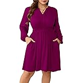 Baosuu Plus Size Dresses Womens Casual Elastic Waist Long Sleeve V Neck Midi Flowy Dress with Pockets
