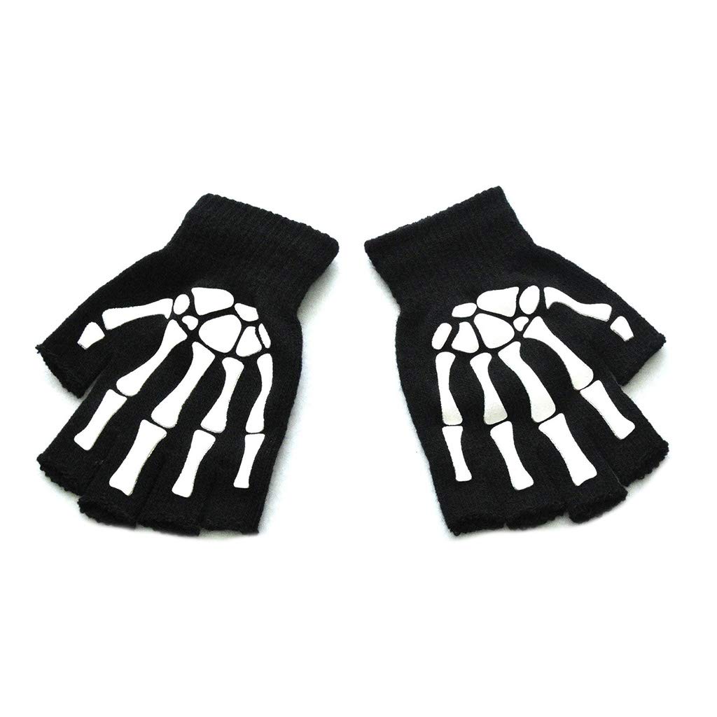 Unisex Half Finger Fingerless Outdoor Sports Work Gloves Adult Halloween Skeleton Skull Half Finger Gloves Luminous Winter Mittens a, One Size