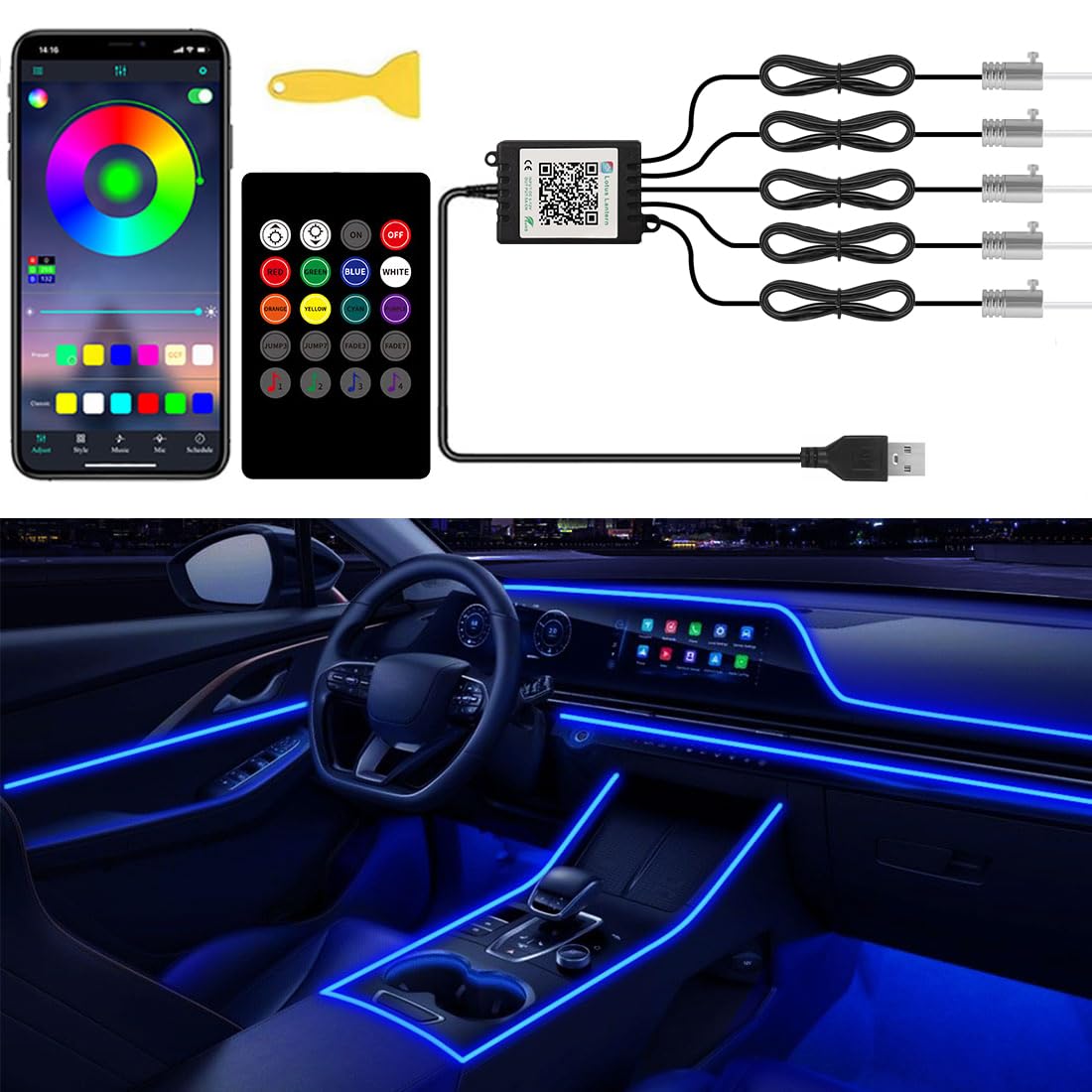 Photo 1 of Interior Car Lights with Wireless APP and Remote Control, 5 in 1 RGB Ambient Lighting Kit with 236 inches Fiber Optic, 16 Million Colors Car Neon Strip with Music Mode