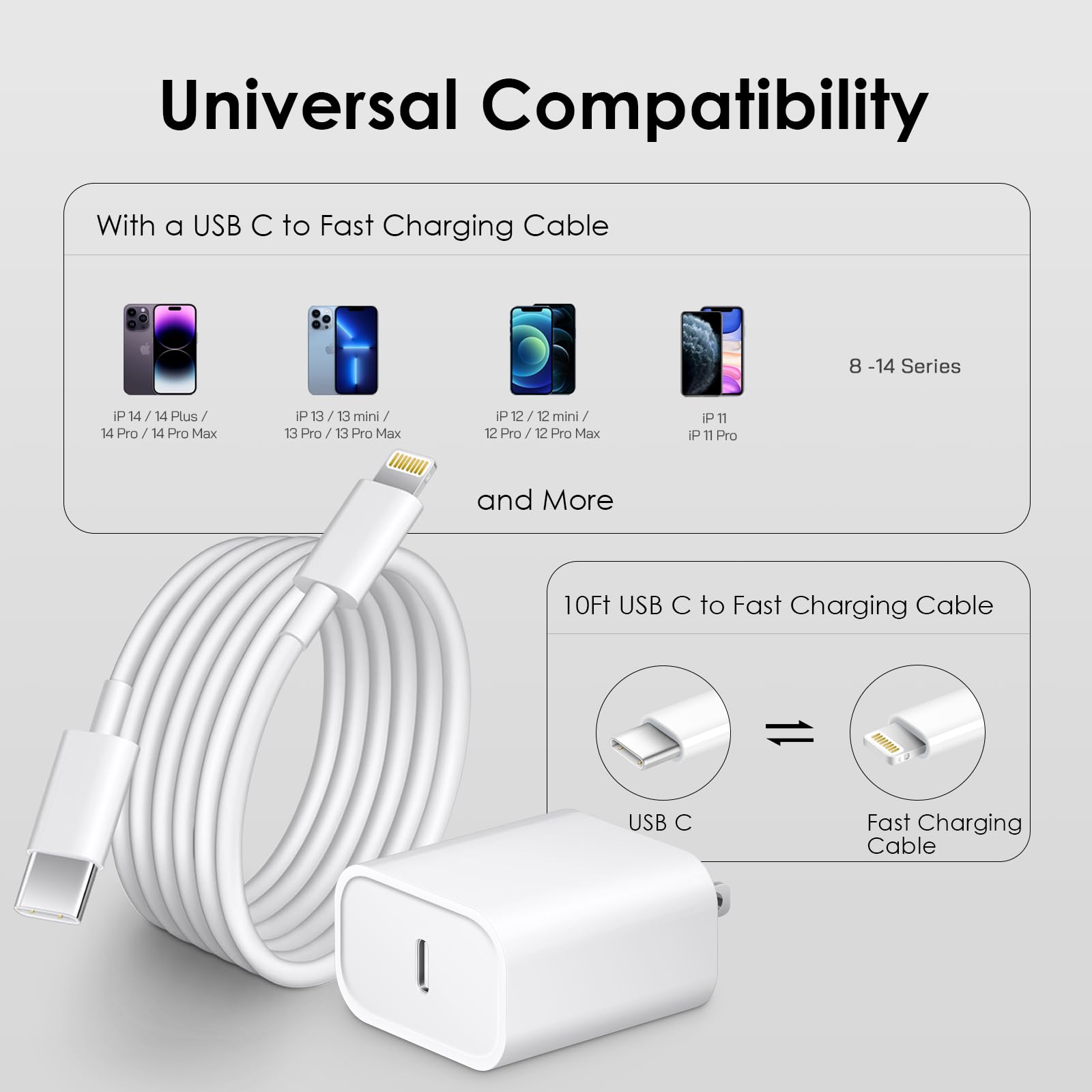 Phone 14 13 12 Fast Charger [MFi Certified] 10FT Type C Charger 2 Pack 20W USB C Charging Block with Fast Charging Cable for Phone 14/14 Pro/13/13Pro Max/12/12 Pro Max/11/XS/XR/X/8Plus