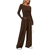 PRETTYGARDEN Women's 2 Piece Lounge Sets Asymmetrical Long Sleeve T Shirt Wide Leg Pants Casual Outfits Tracksuit