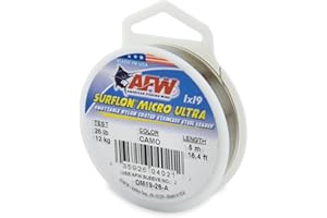 AFW American Fishing Wire Surflon Micro Ultra Nylon Coated 1x19 Stainless Steel Leader Wire - Knottable Fishing Leaders Saltwater & Fly Fishing, 6lb Test - 61lb Test, Bright, Black & Camo Colors