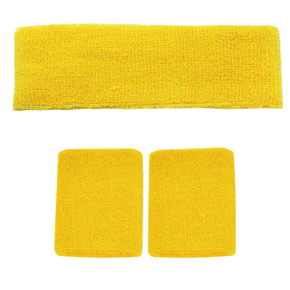 Accessotech Sports Sweat Band Wristband Headband Set Squash Tennis Badminton Gym Yoga Class (Yellow)