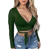 Artfish Women Sexy Deep V Neck Crop Top Bandage Wrap Tie Tight Cropped Fitted Cleavage Shirts