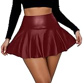FEOYA Women’s Faux Leather Mini Skirt High Waist Going Out Short Skirt Flared Hem for Casual Club Party
