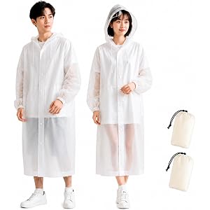 Reusable Long Rain Poncho with Clear Hood Brim, Waterproof Emergency Gear | 2 Pack Lightweight Rain Ponchos for Adults with D