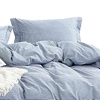 Wake In Cloud - Washed Cotton Duvet Cover Set, White Striped Ticking Pattern Printed on Navy Blue, 100% Cotton Bedding, with Zipper Closure (3pcs, Twin Size)