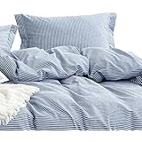 Wake In Cloud - Washed Cotton Duvet Cover Set, White Striped Ticking Pattern Printed on Navy Blue, 100% Cotton Bedding, with Zipper Closure (3pcs, Twin Size)